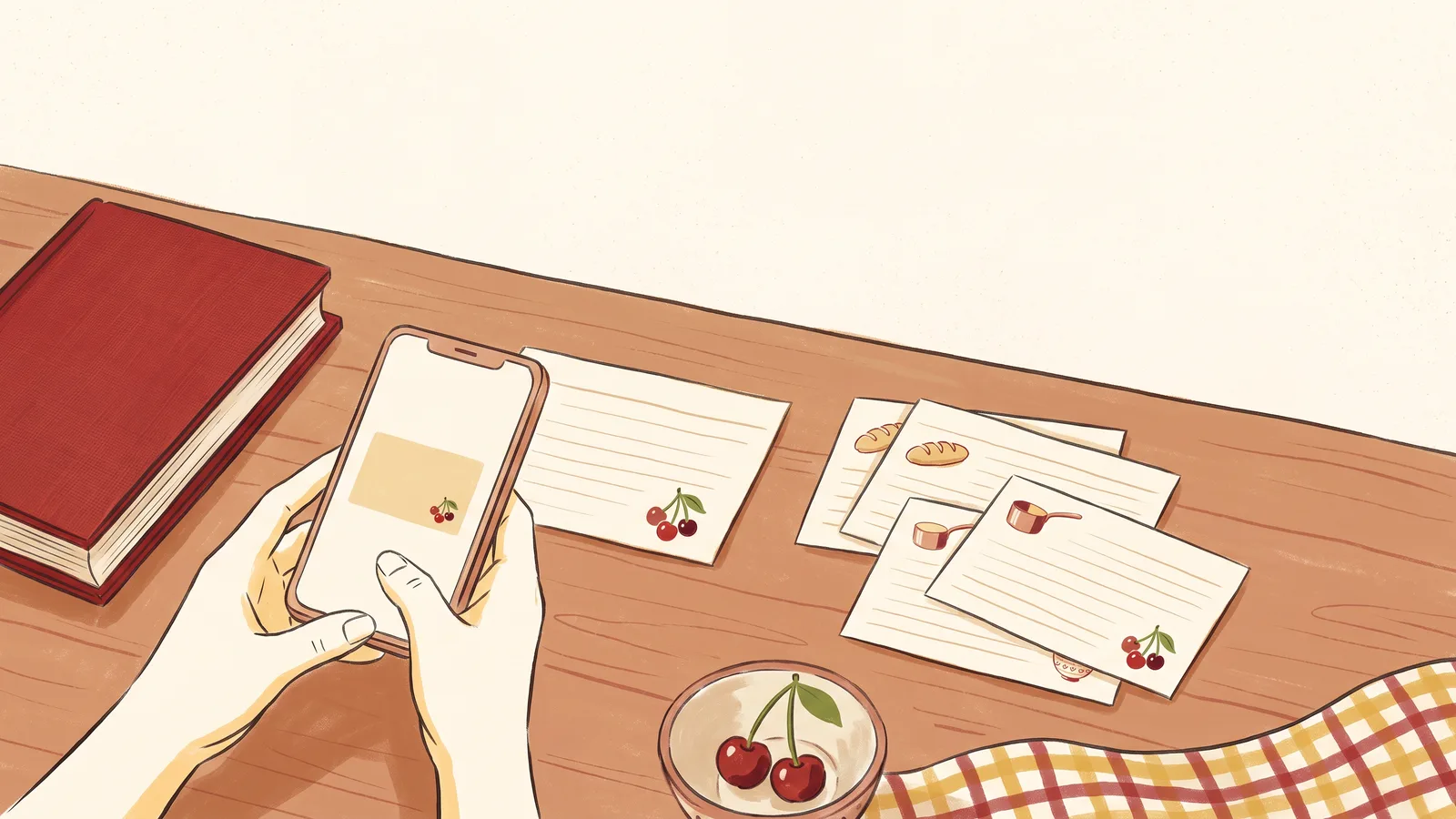 Hands photograph a family recipe card with a phone beside a stack of preserved cards