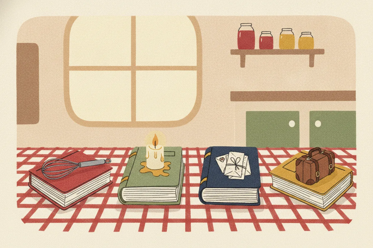 Four clothbound books in different colors, one per family cookbook theme
