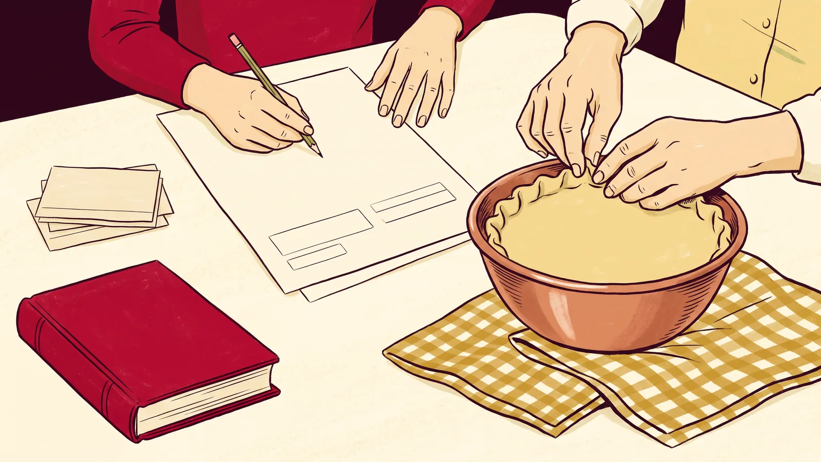 An older relative demonstrates a recipe while another person takes notes at the kitchen table