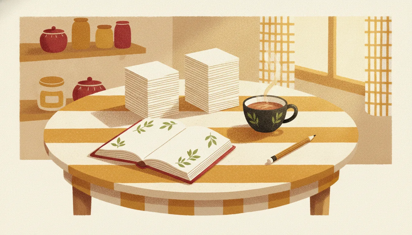 A family cookbook open on a kitchen table, surrounded by handwritten recipe cards and a wooden spoon