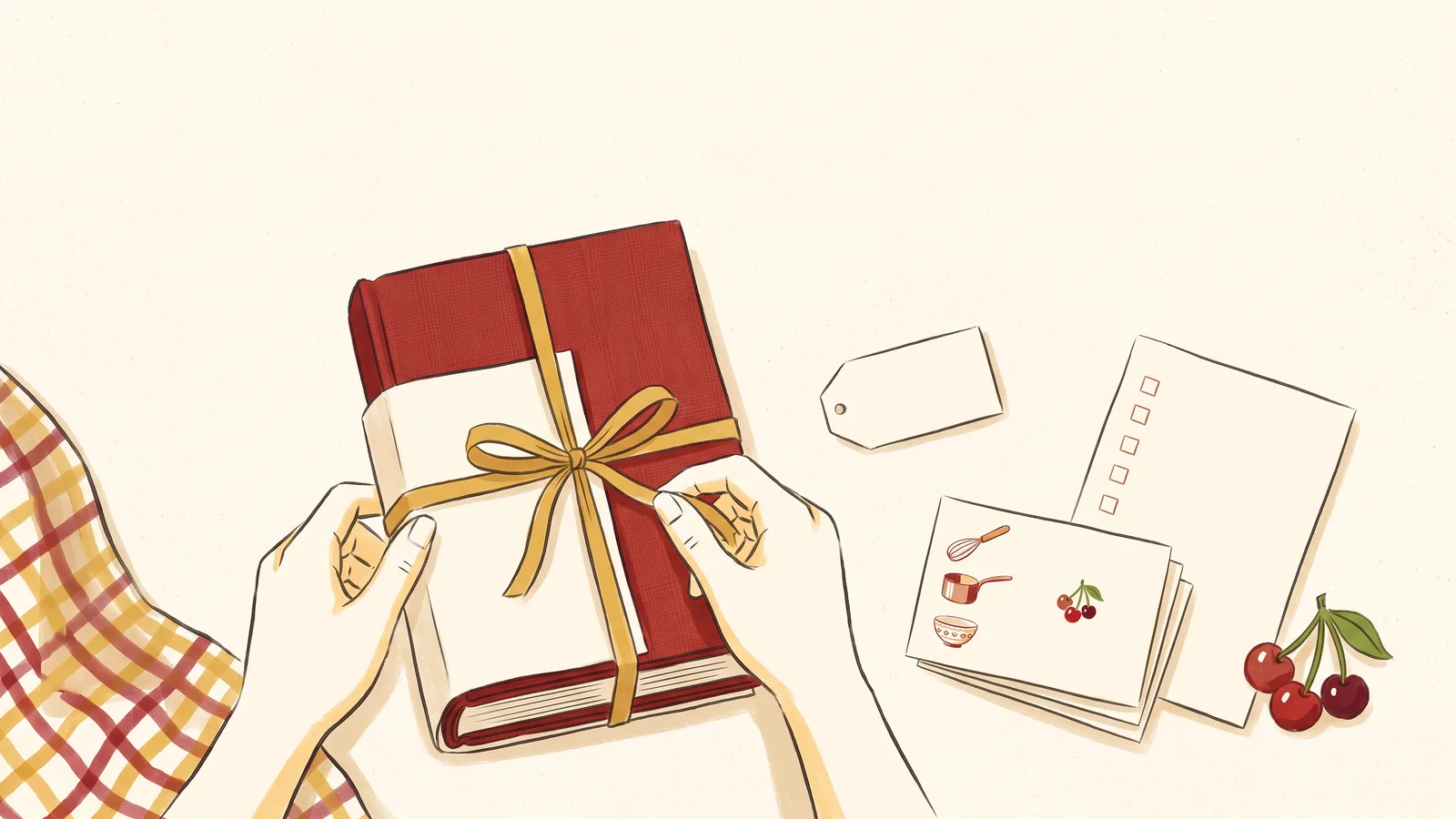 Hands tie a mustard ribbon around a red family cookbook beside a gift checklist