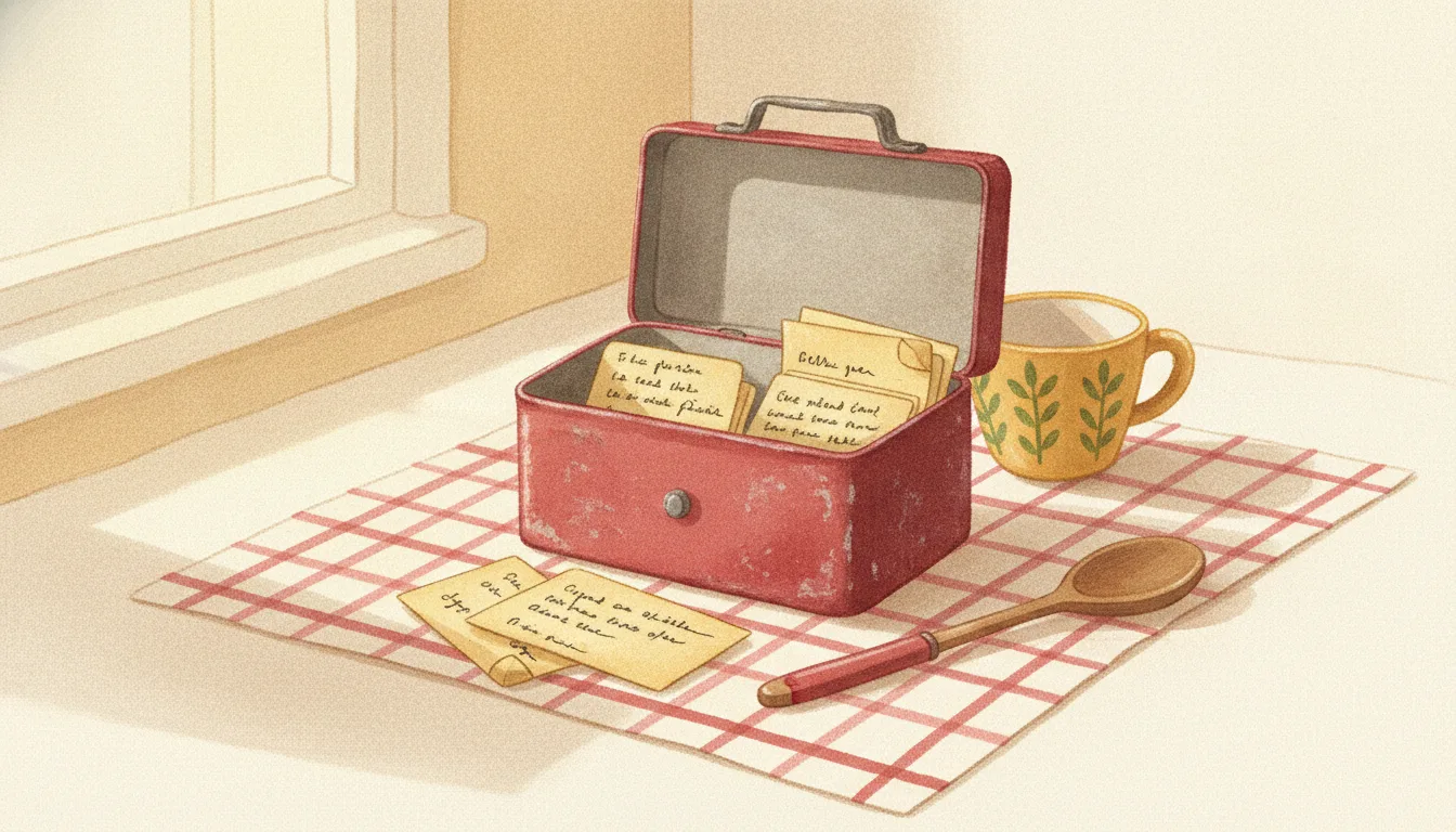 A handwritten recipe card beside a wooden spoon and mixing bowl on a gingham cloth