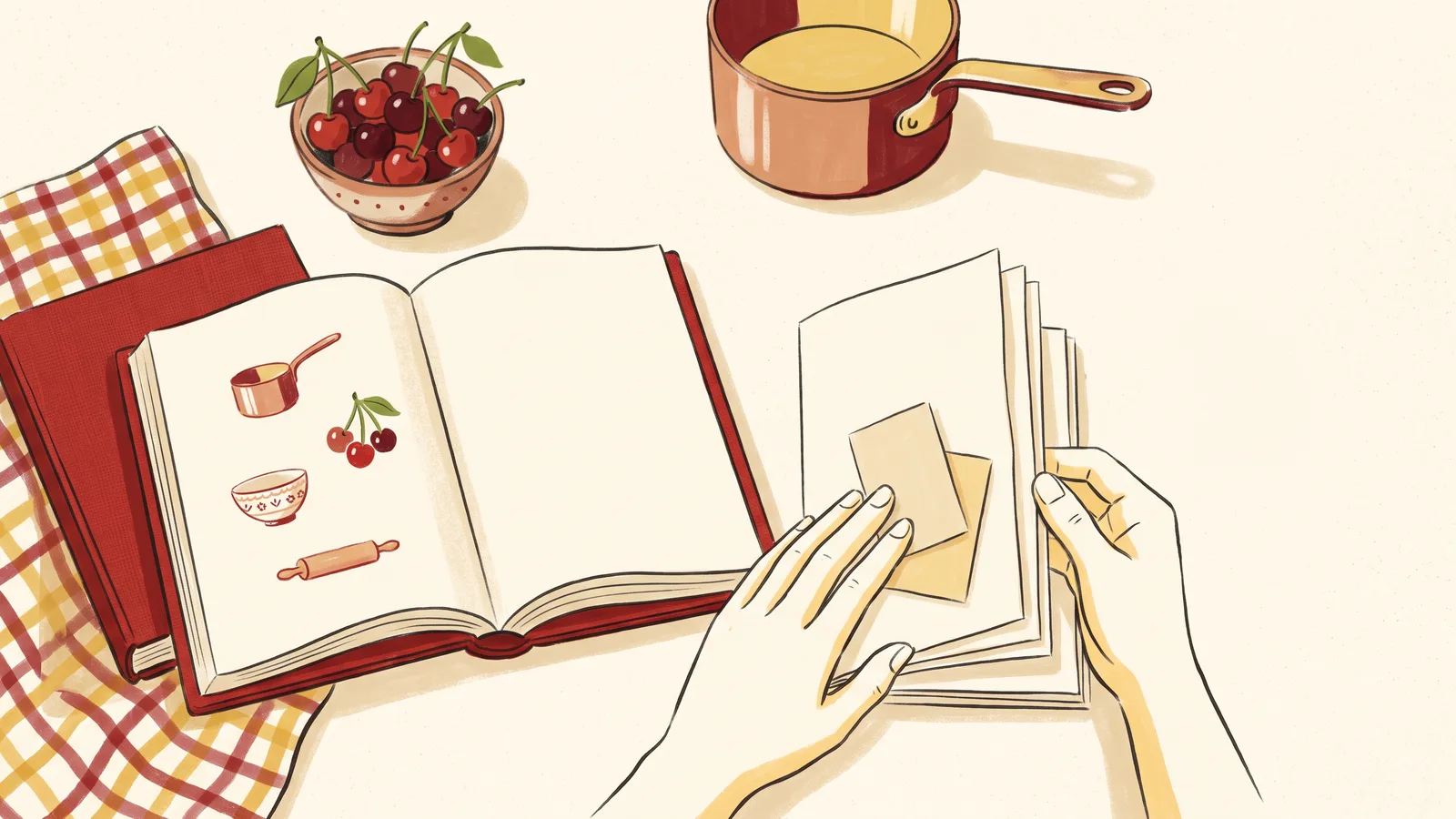 A cloth-bound family cookbook and recipe cards on a warm kitchen table