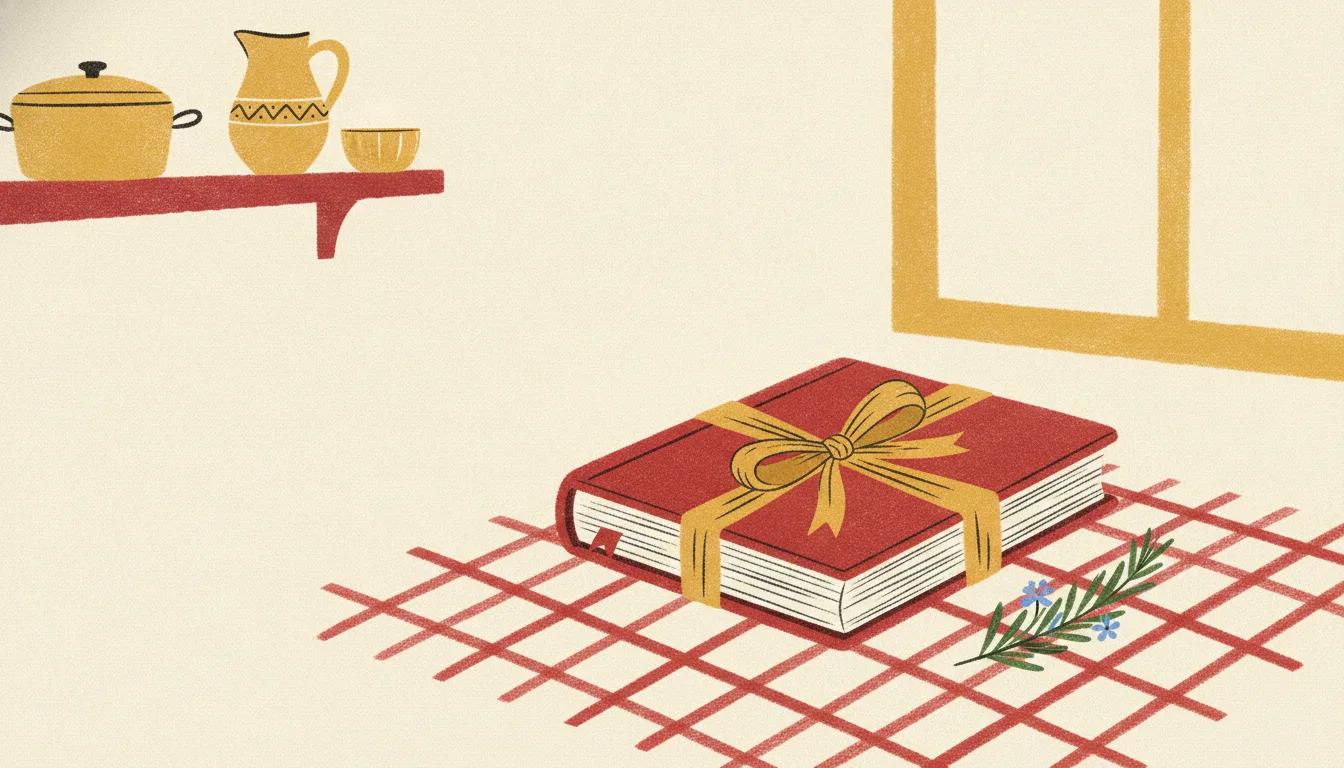 A clothbound family cookbook tied with a ribbon, ready to be given as a gift