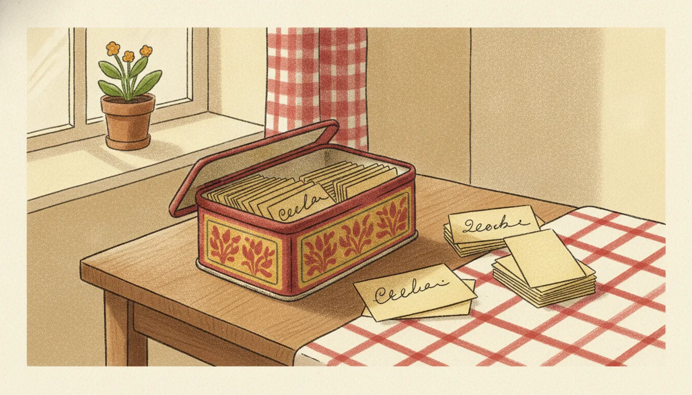 A wooden box of handwritten recipe cards on a kitchen table, the top cards yellowed and worn at the corners