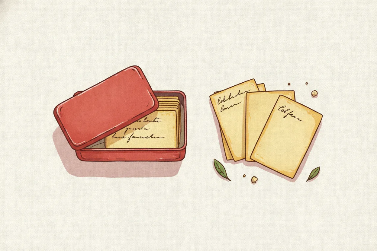 An old tin recipe box with yellowed cards sorted into four piles