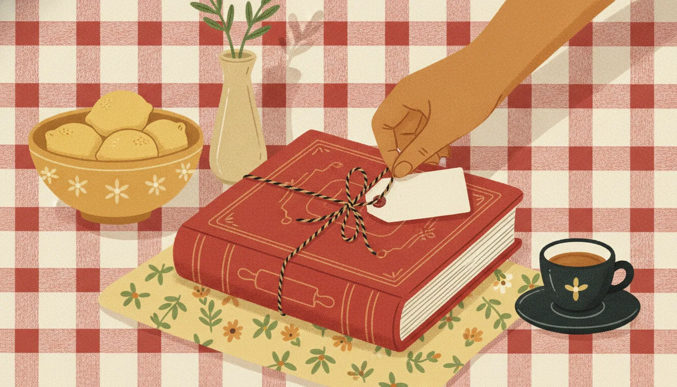 A personalized clothbound recipe book with a custom cover title, wrapped as a gift with a ribbon