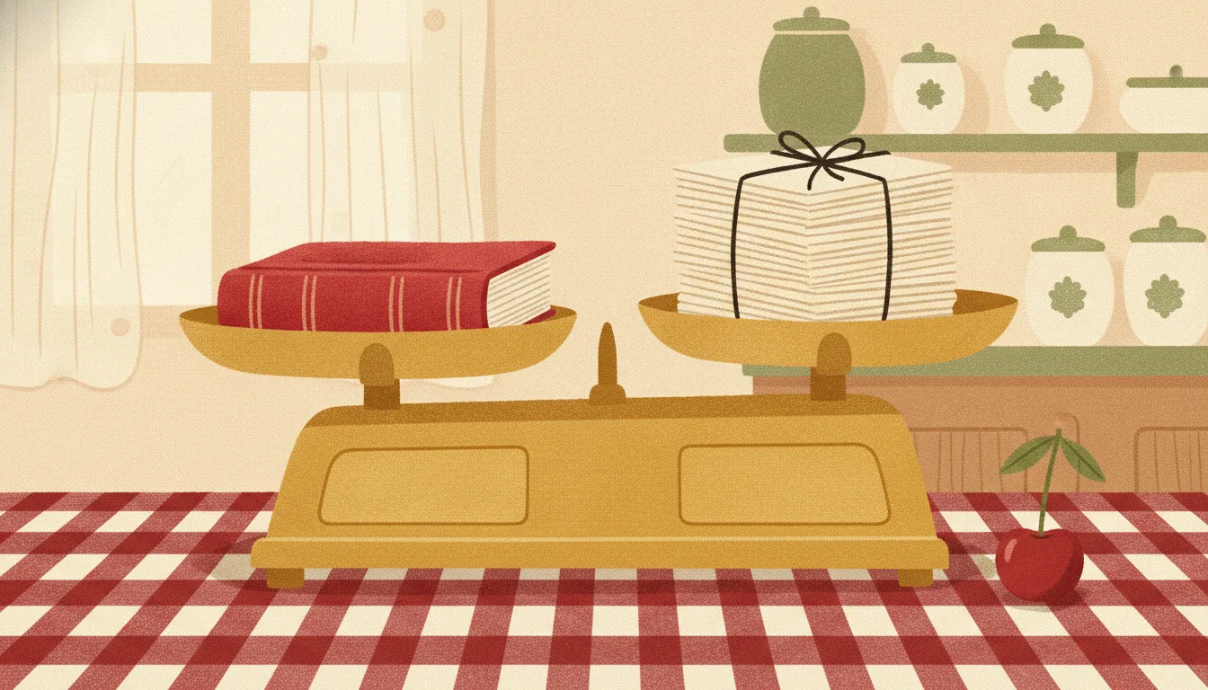 A kitchen scale balancing a single clothbound book against a tall stack of recipe cards