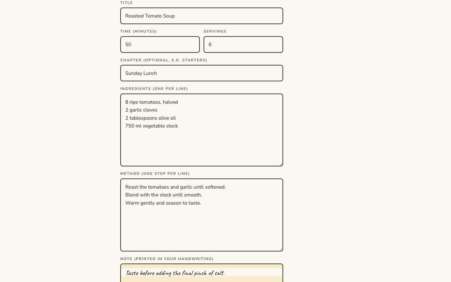 Product interface demo showing the recipe capture form for a fictional cookbook