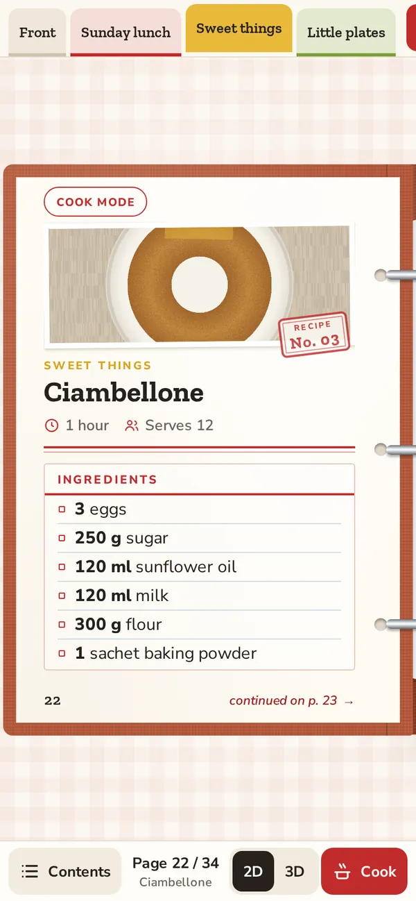Phone screen of the app: the binder open on the Ciambellone sheet behind the Sweet things tab, with its photo, ingredients, and a Cook button