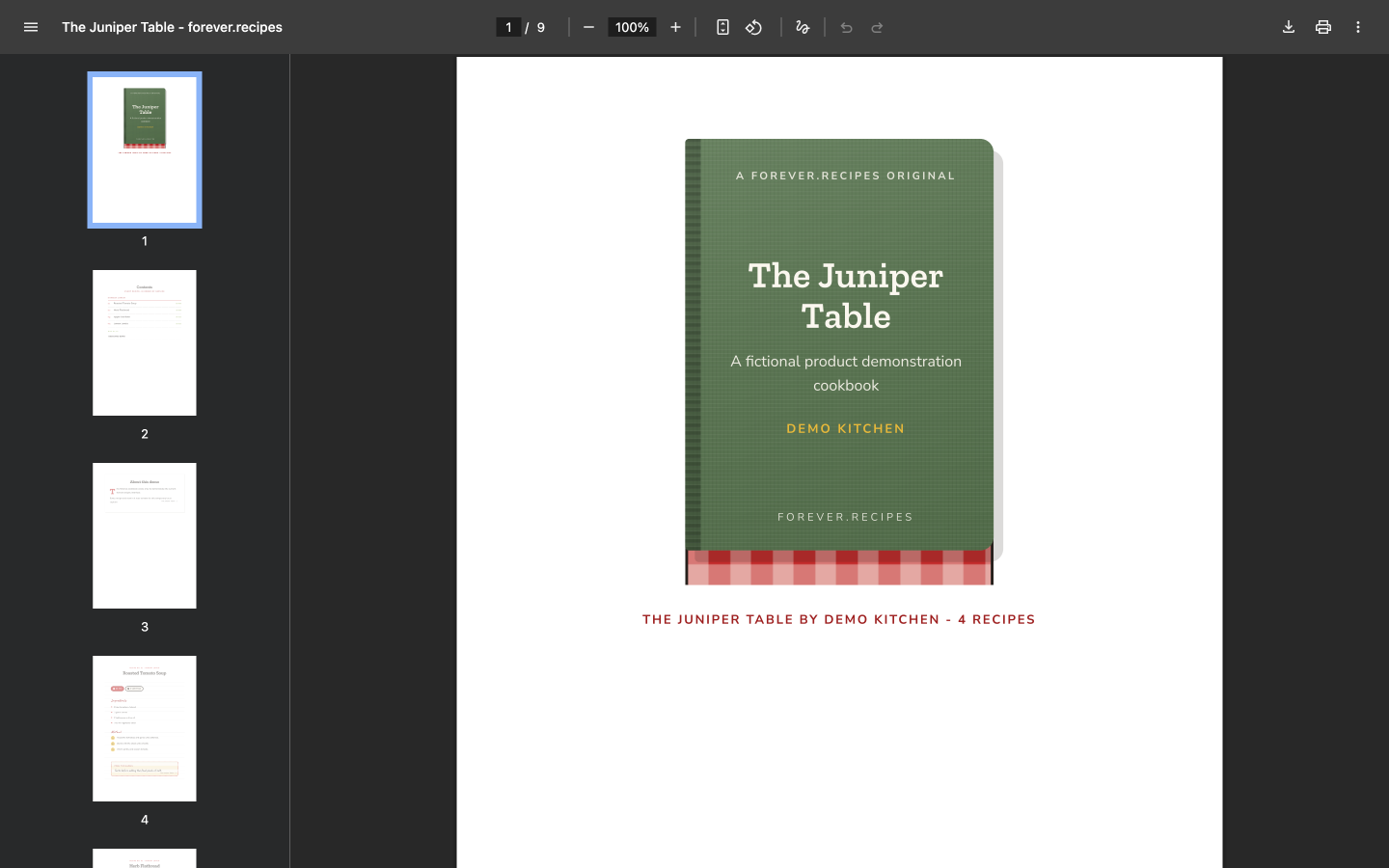Product interface demo showing the generated PDF export for a fictional cookbook