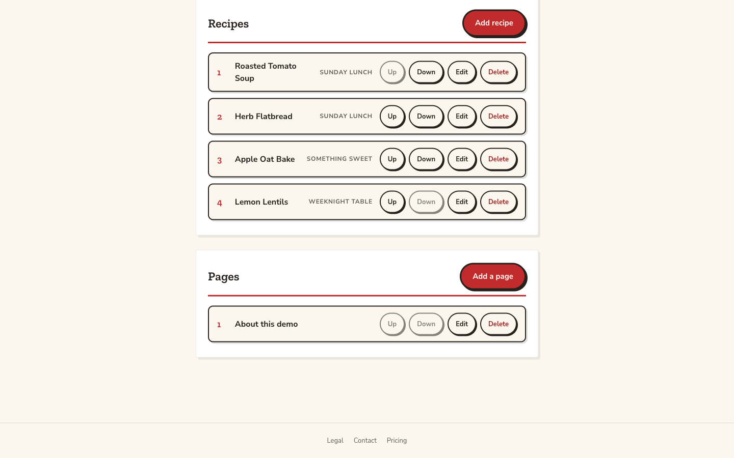 Product interface demo showing recipes and chapters organized in a fictional cookbook