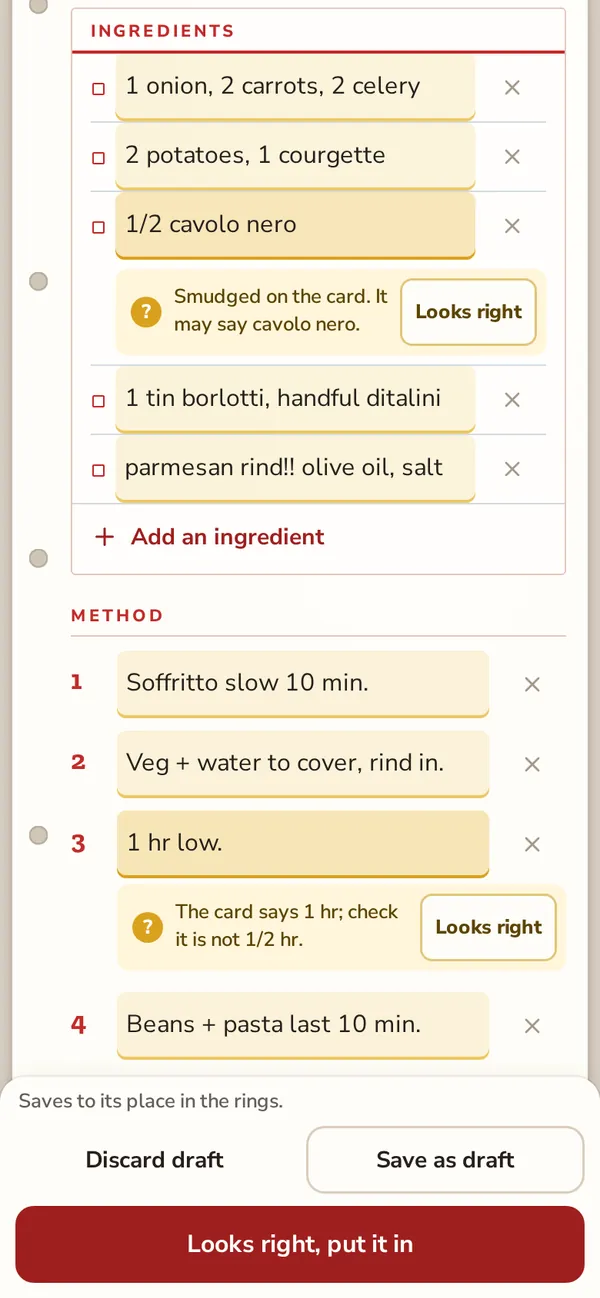 Phone screen of the app: the drafted minestrone recipe with highlighted ingredients and steps, and two notes asking to check a smudged line