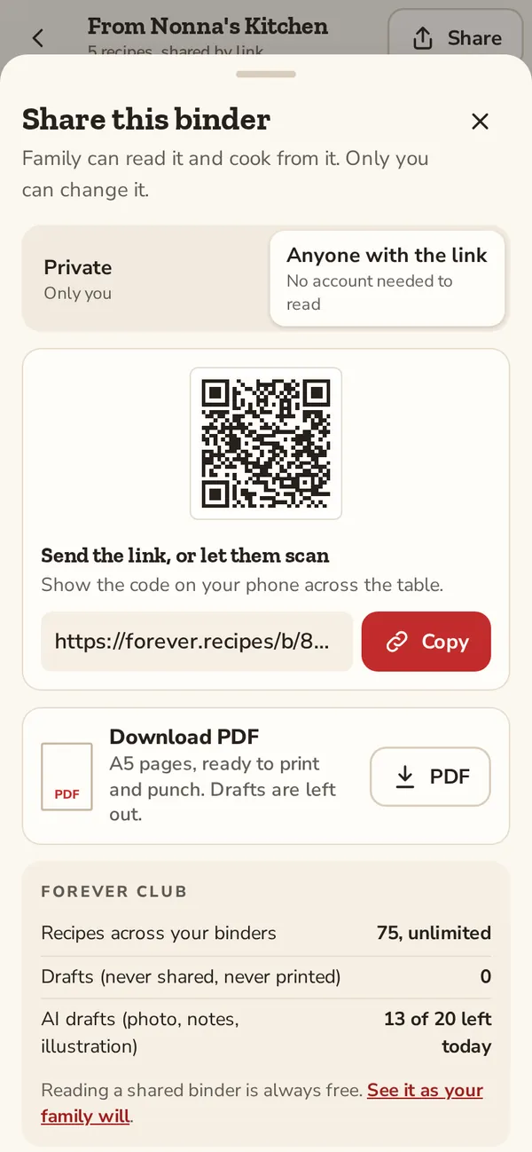 Phone screen of the app: the Share panel with Anyone with the link selected, a QR code, the link to copy, and a PDF download