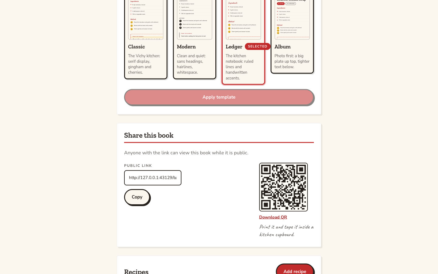 Product interface demo showing public link and QR sharing controls for a fictional cookbook