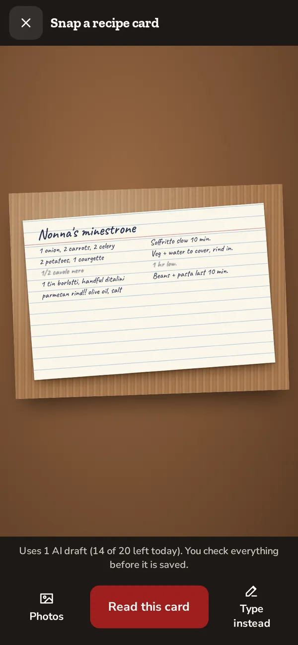 Phone screen of the app: a handwritten recipe card for Nonna's minestrone, photographed and ready to be read