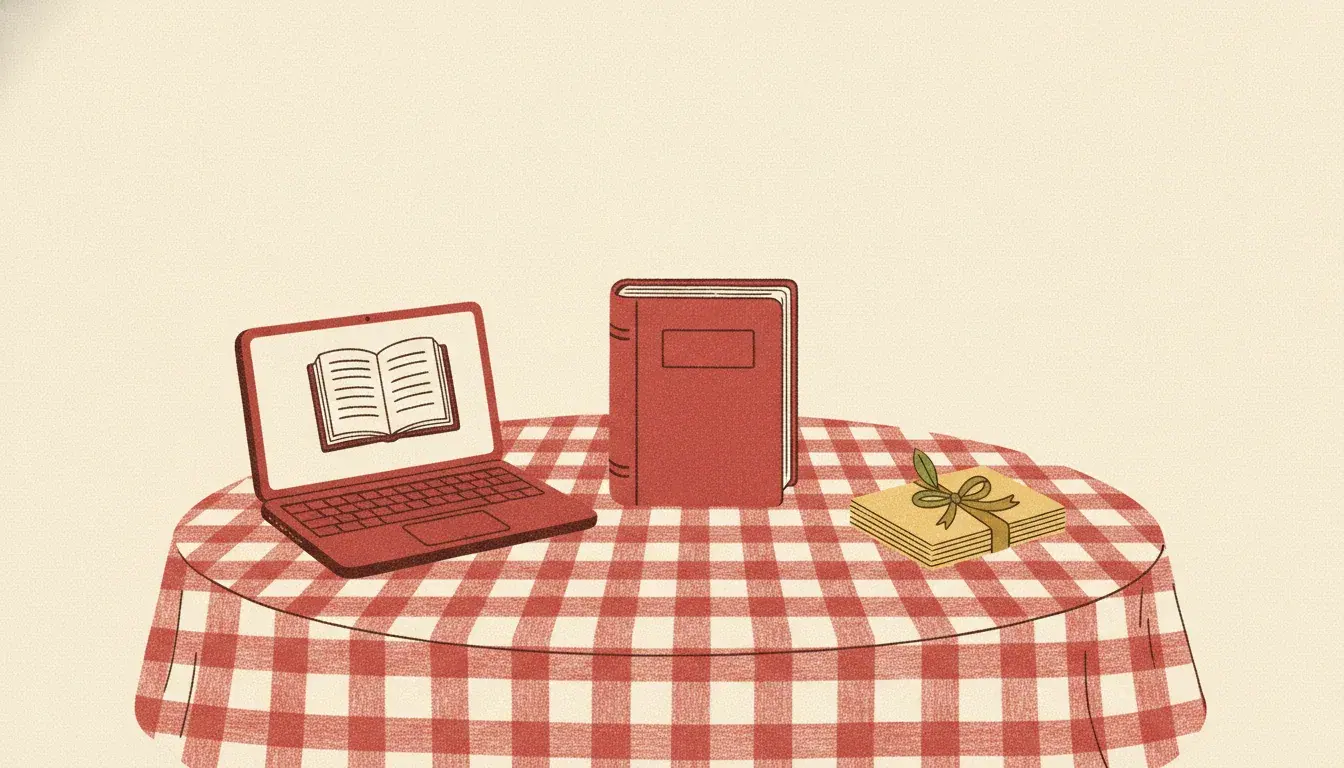 A laptop showing an online cookbook editor beside a printed cookbook and a stack of recipe cards