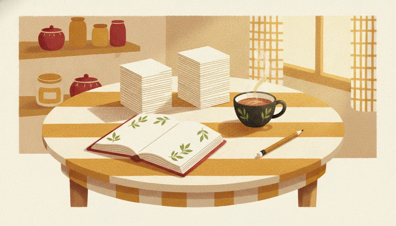 A family cookbook open on a kitchen table, surrounded by handwritten recipe cards and a wooden spoon