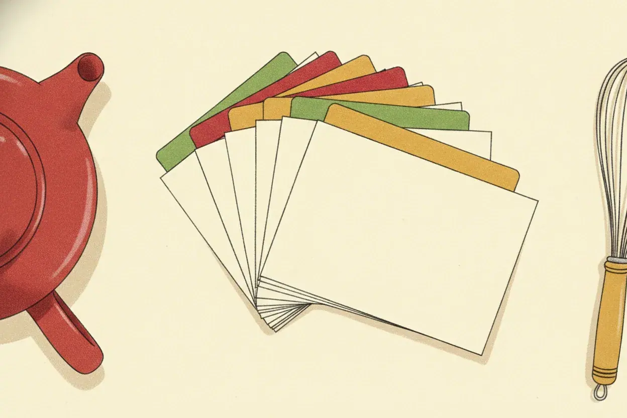 Recipe cards sorted into three piles labeled by person, by meal, and by occasion