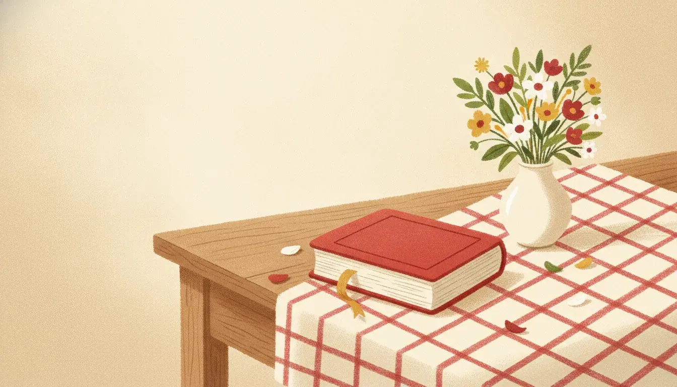 A clothbound family cookbook tied with a ribbon on a kitchen table beside a small vase of flowers