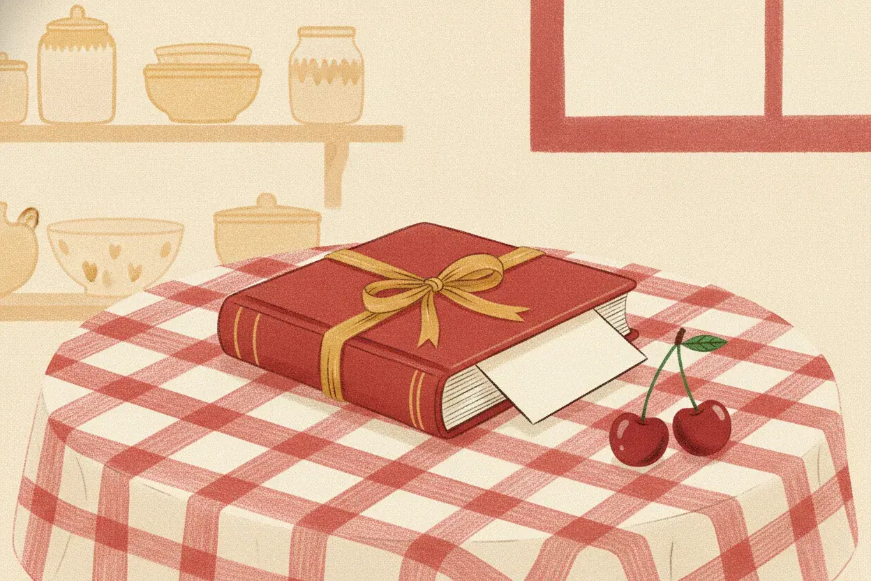 A clothbound book with a mustard ribbon and a handwritten note card on a gingham tablecloth